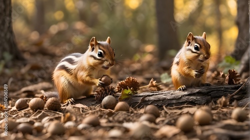 Chipmunks gathering acorns for winter storage in a forested environment while scuttling in the light of the sun.