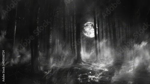 Ghostly tendrils of mist enhance moonlit forest's mystery wallpaper