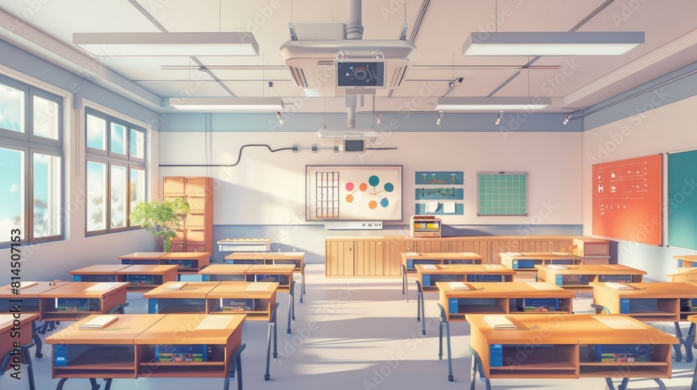 A room with rows of empty desks and chairs, awaiting students. The space is quiet and still. A room with rows of empty desks and chairs, awaiting students. The space is quiet and still.
