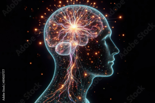 Human head with glowing neurons in brain Isolated on black background