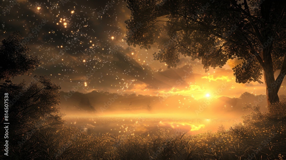Diffused light suffuses misty landscape warm glow on tableau wallpaper Diffused light suffuses misty landscape warm glow on tableau wallpaper