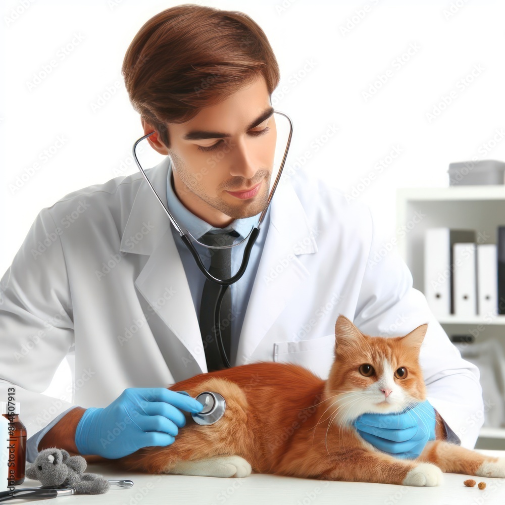 Veterinarian, an animal doctor checking a cat at a vet clinic Isolated on white background Veterinarian, an animal doctor checking a cat at a vet clinic Isolated on white background