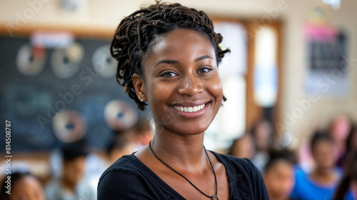 Teacher in the classroom. Smiling black woman school teacher. Education at school or university. Process of learning and education.