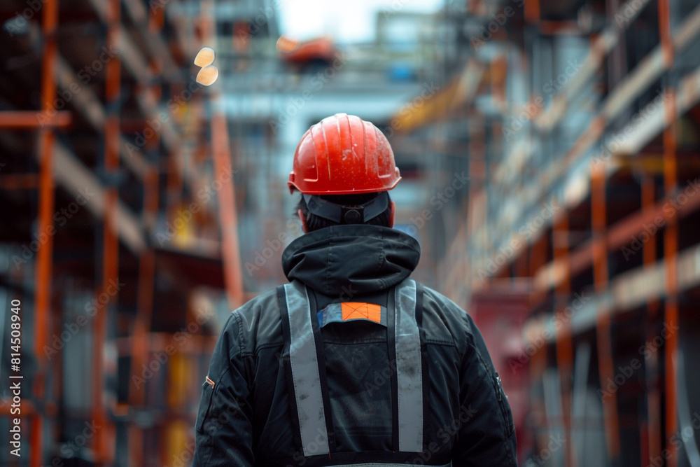 a working builder in a protective helmet stands against the background of a construction or industrial site, rear view labor day a working builder in a protective helmet stands against the background of a construction or industrial site, rear view labor day