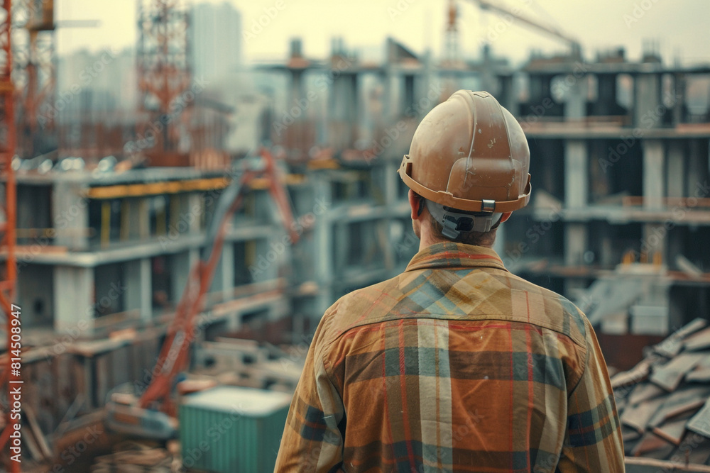 a working builder in a protective helmet stands against the background of a construction or industrial site, rear view labor day a working builder in a protective helmet stands against the background of a construction or industrial site, rear view labor day
