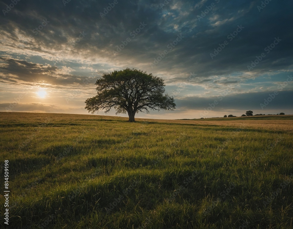 Indulge in the tranquility of a countryside scene with a lone tree standing tall in an open field.
