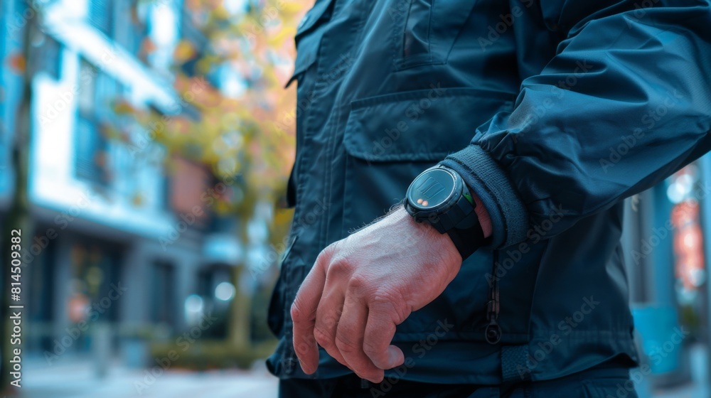 Man Checking Time on Wristwatch in City Street at Dusk Man Checking Time on Wristwatch in City Street at Dusk