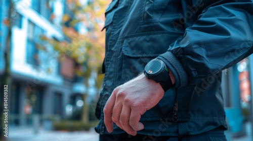 Man Checking Time on Wristwatch in City Street at Dusk