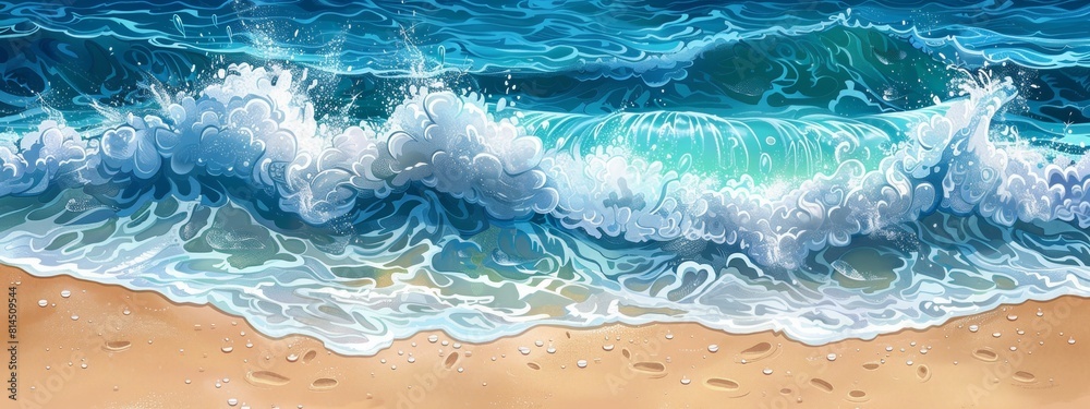 Illustration waves crashing onto a beach in a rhythmic pattern. Illustration waves crashing onto a beach in a rhythmic pattern.