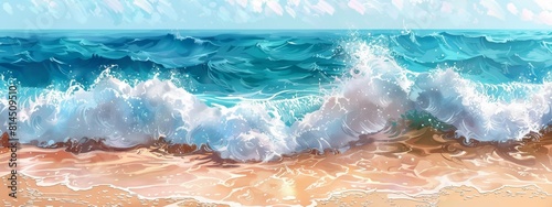 Illustration waves crashing onto a beach in a rhythmic pattern.