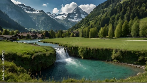 wide side view  mountain  forrest landscape  lake and waterfall  valley with fields  switzerland inspiration  nikon d5600 photography