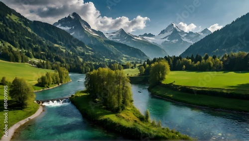 wide side view, mountain, forrest landscape, lake and waterfall, valley with fields, switzerland inspiration, nikon d5600 photography photo