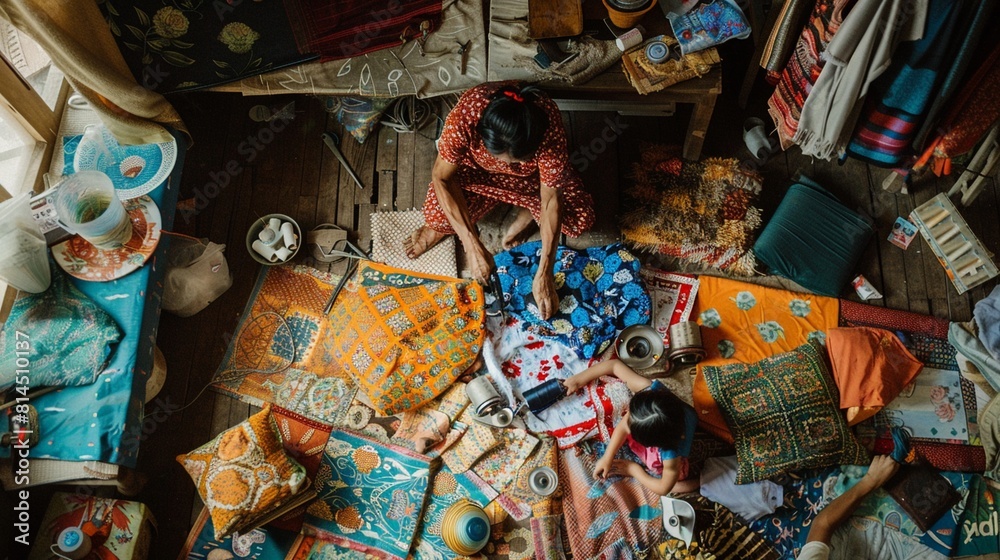 A living room floor covered in fabrics and sewing materials as a mother teaches her child to sew cushions.