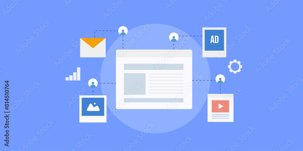 Sending website visitors from multiple sources content marketing, email communication paid advertising concept, vector illustration web banner. Sending website visitors from multiple sources content marketing, email communication paid advertising concept, vector illustration web banner.
