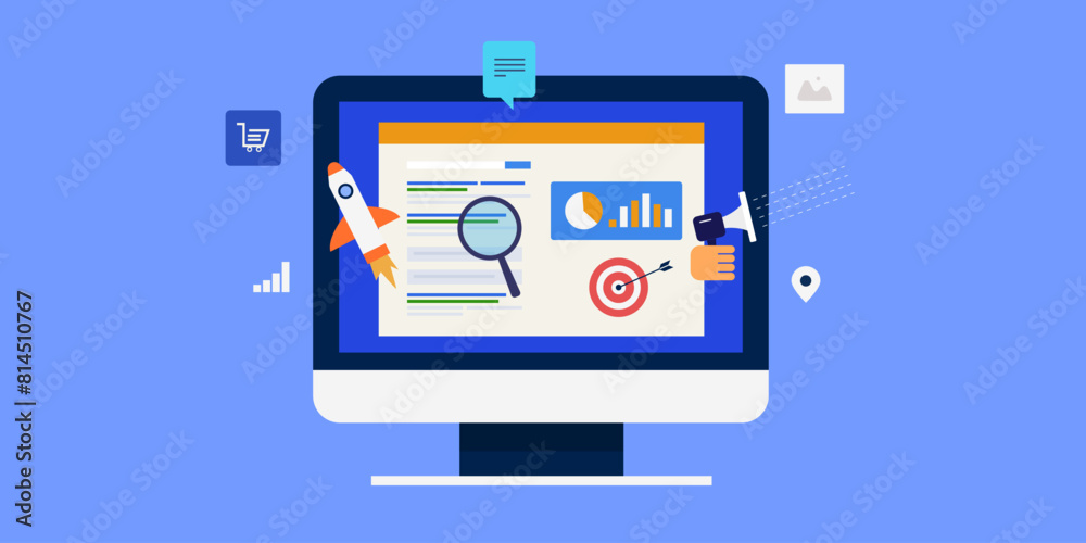 Digital marketing promotion web analytics boost online sales retargeting SEO campaign vector illustration. Digital marketing promotion web analytics boost online sales retargeting SEO campaign vector illustration.