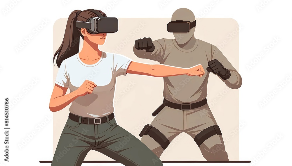 A flat design illustration of a woman in VR gear learning to block an attack from a simulated assailant, isolated on a white background.