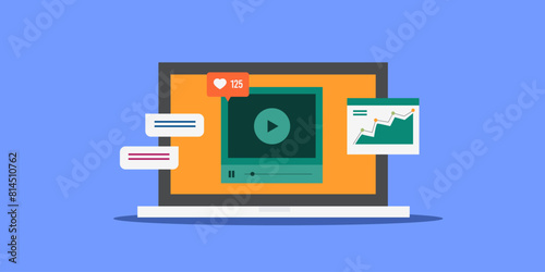 Social media video content publishing audience engagement reaction and conversion report on screen, vector illustration.