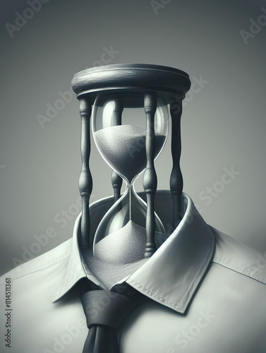 Editorial concept image, businessman with hourglass head, deadlines, time, sand, stress, money, 