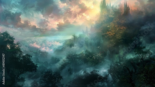 Ethereal mist adds enchantment to surreal landscape wallpaper