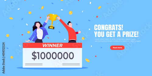 Happy lottery winners with big prize paycheck. Fortune lottery or casino gambling lucky games concept flat style design vector illustration. People jumps in the air with trophy cheque.