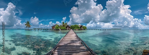 wooden pier leads to a stunning island with clear water and beautiful views © saka