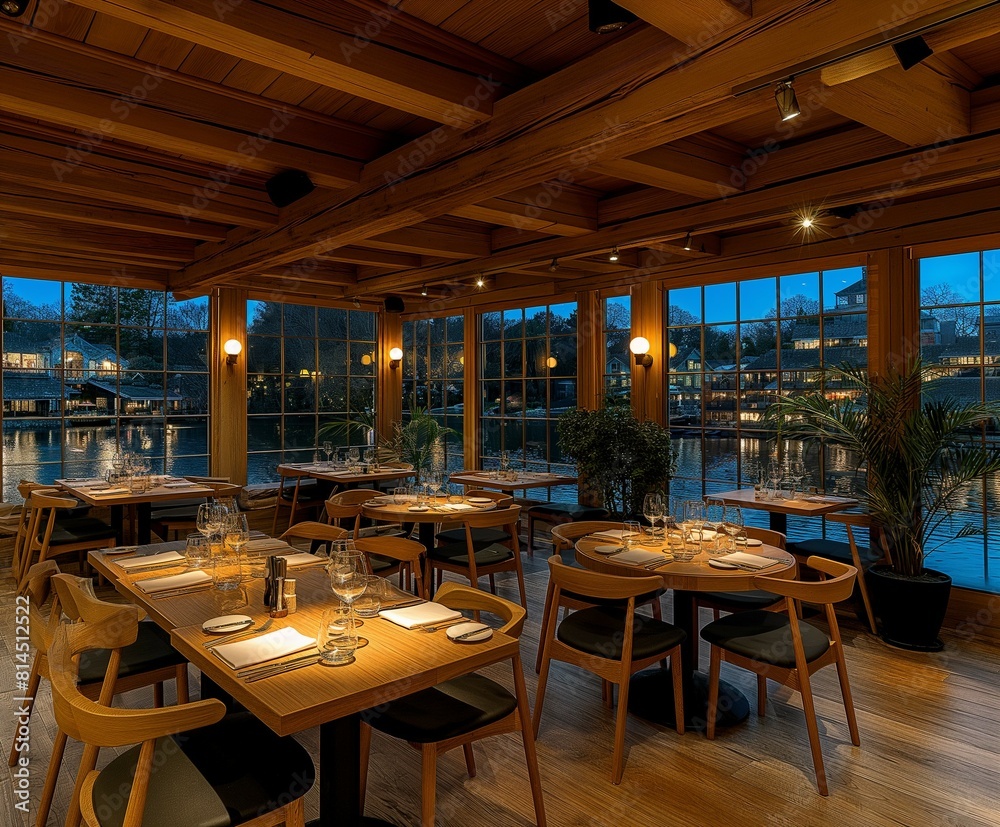 Indulge in the enchanting allure of urban dining with this captivating image of a cozy modern restaurant boasting a riverside town view under the starry night sky. Immerse yourself in the vibrant nigh