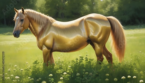 Depict a golden horse grazing in a field of clover