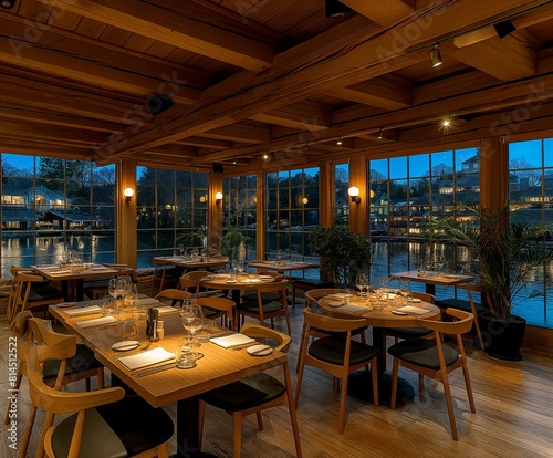 Indulge in the enchanting allure of urban dining with this captivating image of a cozy modern restaurant boasting a riverside town view under the starry night sky. Immerse yourself in the vibrant nigh