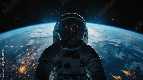 A spacewalking astronaut silhouetted against the backdrop of Earth, with their face hidden in shadow or obscured by their helmet