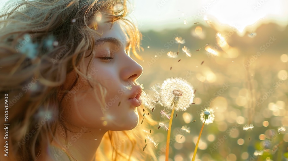 A young woman blowing on dandelions in a sunlit field, with dandelion seeds dispersing in the wind. The soft golden light enhances the dreamy and peaceful atmosphere of the scene. A young woman blowing on dandelions in a sunlit field, with dandelion seeds dispersing in the wind. The soft golden light enhances the dreamy and peaceful atmosphere of the scene.