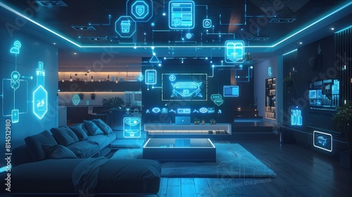 Modern smart home interior featuring connected devices with clear section icons