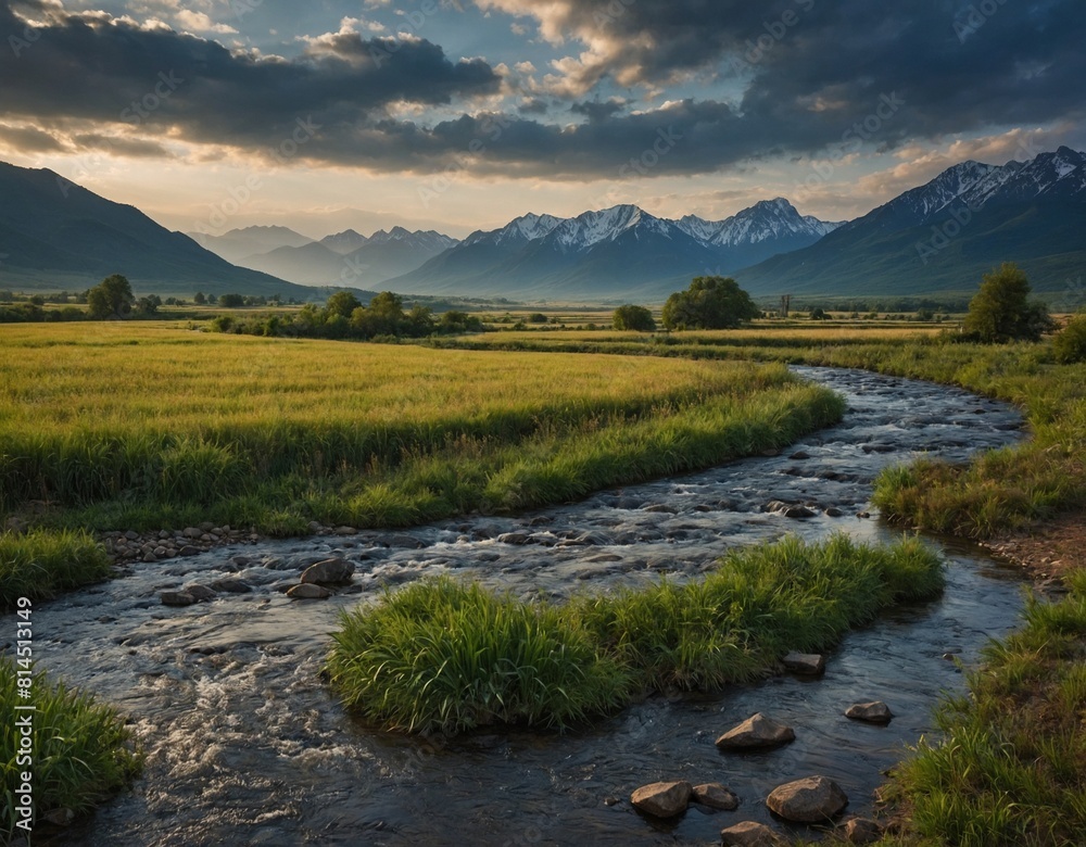 Marvel at the beauty of a countryside scene with a winding river and distant mountains.