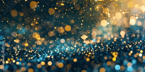 An abstract background features a particle effect in gold, blue, and yellow, presented in dark navy, gold, dark teal, and dark sky-blue.