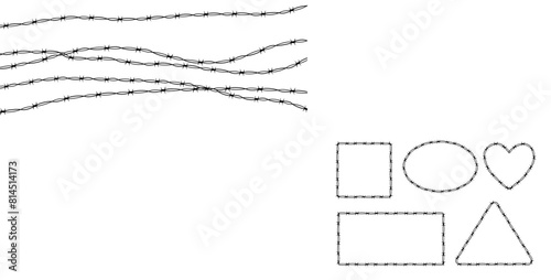set Wire Barb heart, oval, rectangle frames y2k tattoo border gothic spiky punk print isolated on white background. Barbwire emo boundary shapes.