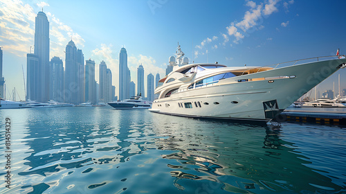 cruise ship in the port,
View Dubai Marina skyscrapers and luxurious photo