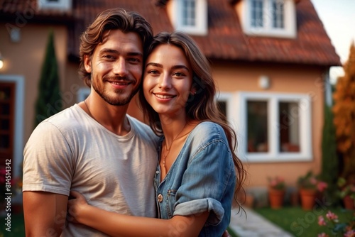 Happy couple in front of their first house, young family property ownership and savings