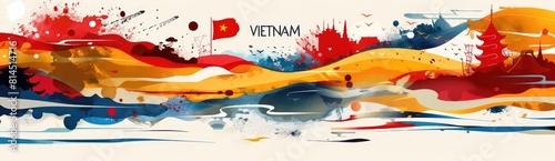 A colorful pattern with red, yellow and white color combination depicting the Vietnamese flag waving in front of an abstract map of Vietnam. different symbol representing cultural elements.