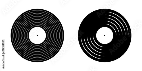 Black vinyl record icons. LP or long play music plates for gramophone isolated on white background. DJ techno party equipment. 70s 80s 90s discotheque nostalgia concept. Vector graphic illustration. photo