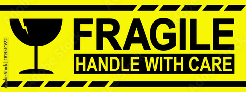 sticker fragile handle with care, black and yellow fragile warning label, fragile label with broken glass symbol, vector asset