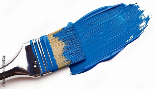 paint brush in blue paint isolated on a white background