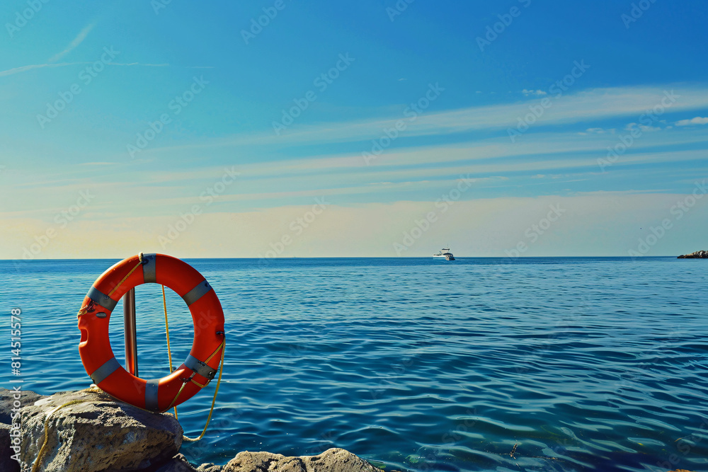 Red lifebuoy on rocky pier with calm sea and blue sky