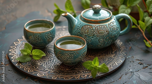 Tea Pot and Two Cups on Plate