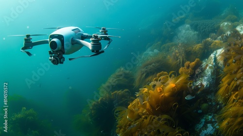 An unmanned underwater vehicle navigating beside a vibrant coral reef teeming with marine life.