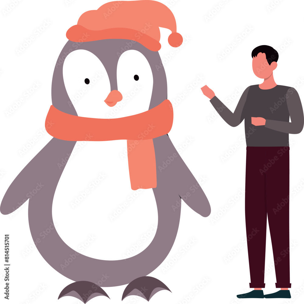 The boy is talking to the penguin. The boy is talking to the penguin.