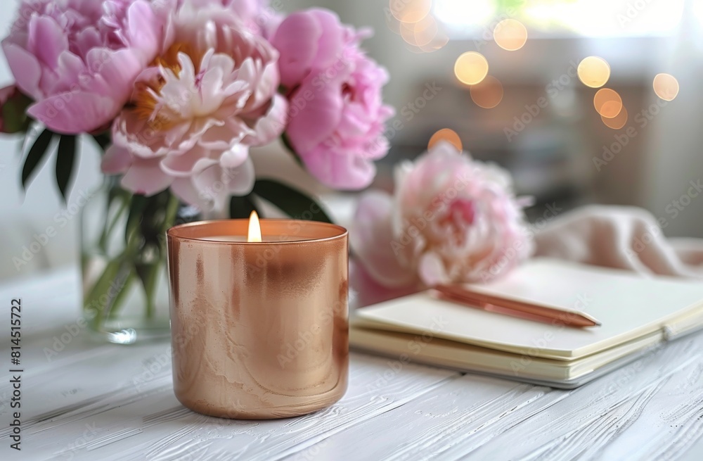 Candle and Flowers on Table Candle and Flowers on Table