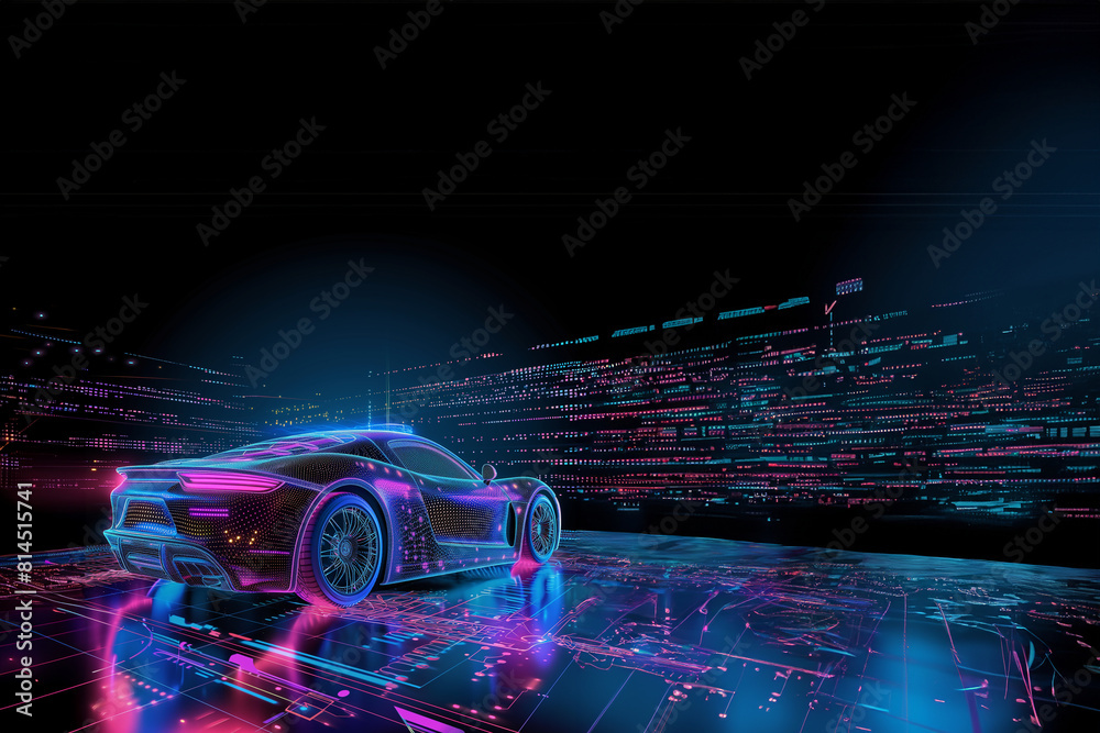 Obraz premium voiture de sport, futuriste néon bleu et rose sur fond de ville numérique en lumière, holographe virtuel - espace négatif copyspace