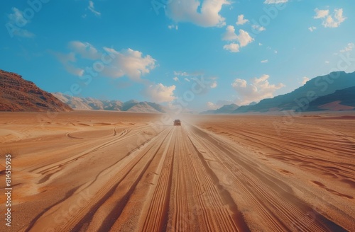 Truck Driving Through Desert on Cloudy Day
