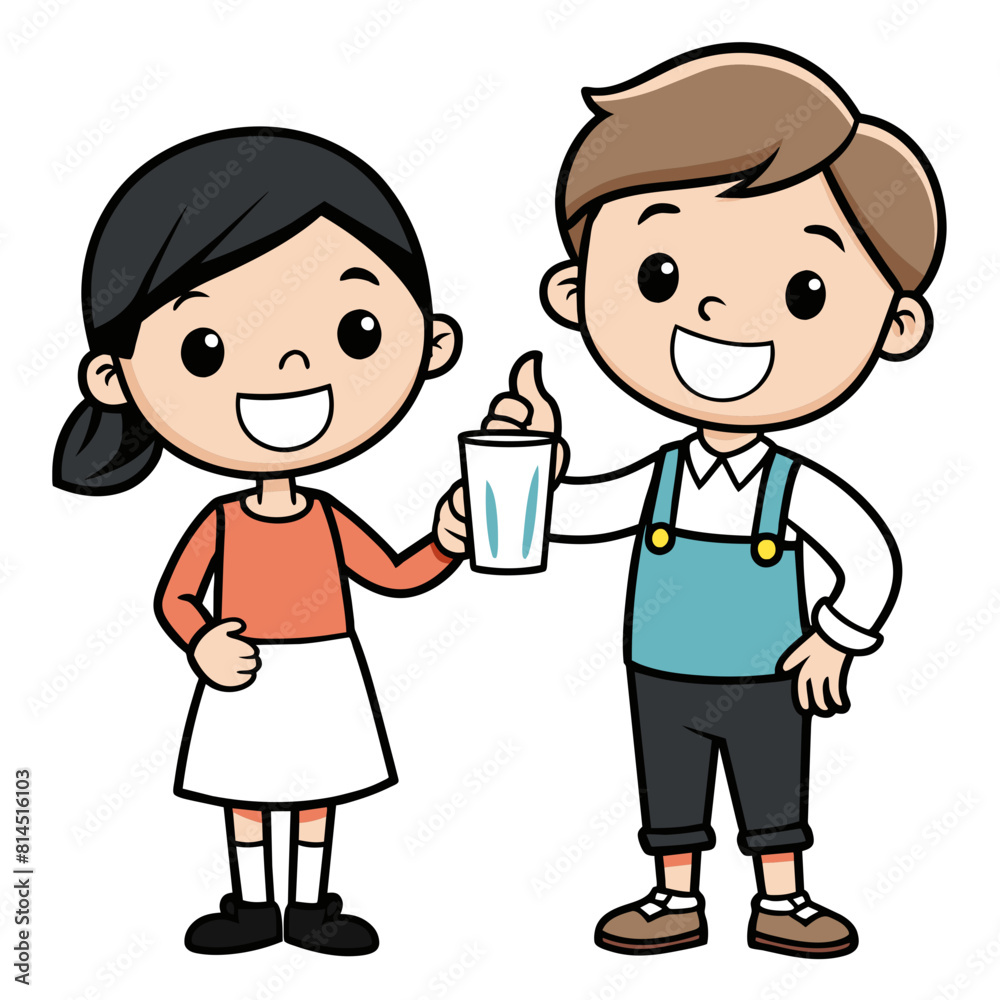 Cute girl holding a glass of milk and giving the thumbs up to a boy drinking milk
