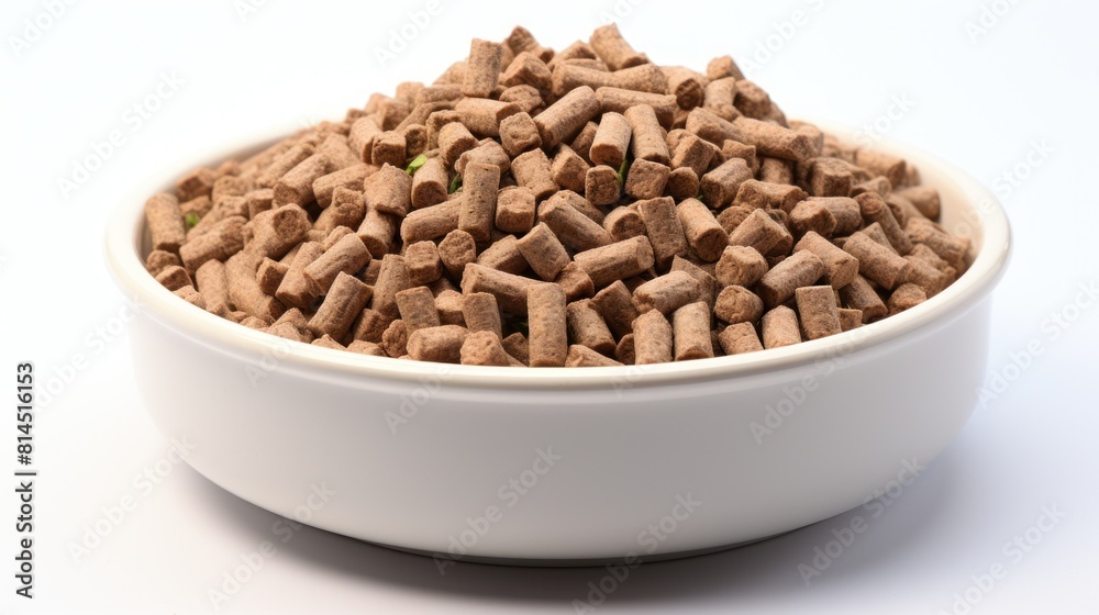 Crisp and Clear: Real Photography Close-up of Dry Dog Food in a Bowl, Illuminated by Bright Light on a White Background Crisp and Clear: Real Photography Close-up of Dry Dog Food in a Bowl, Illuminated by Bright Light on a White Background