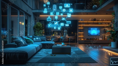 Connected devices in a smart home interior with floating digital icons showcasing seamless technology integration